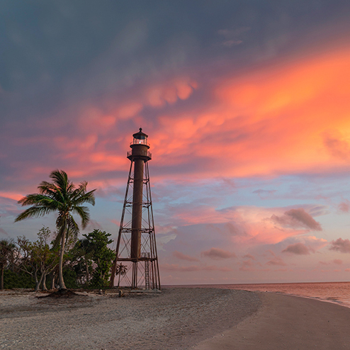 A tall, metal lighthouse stands near the shoreline with a palm tree and colorful clouds at sunset in the background.