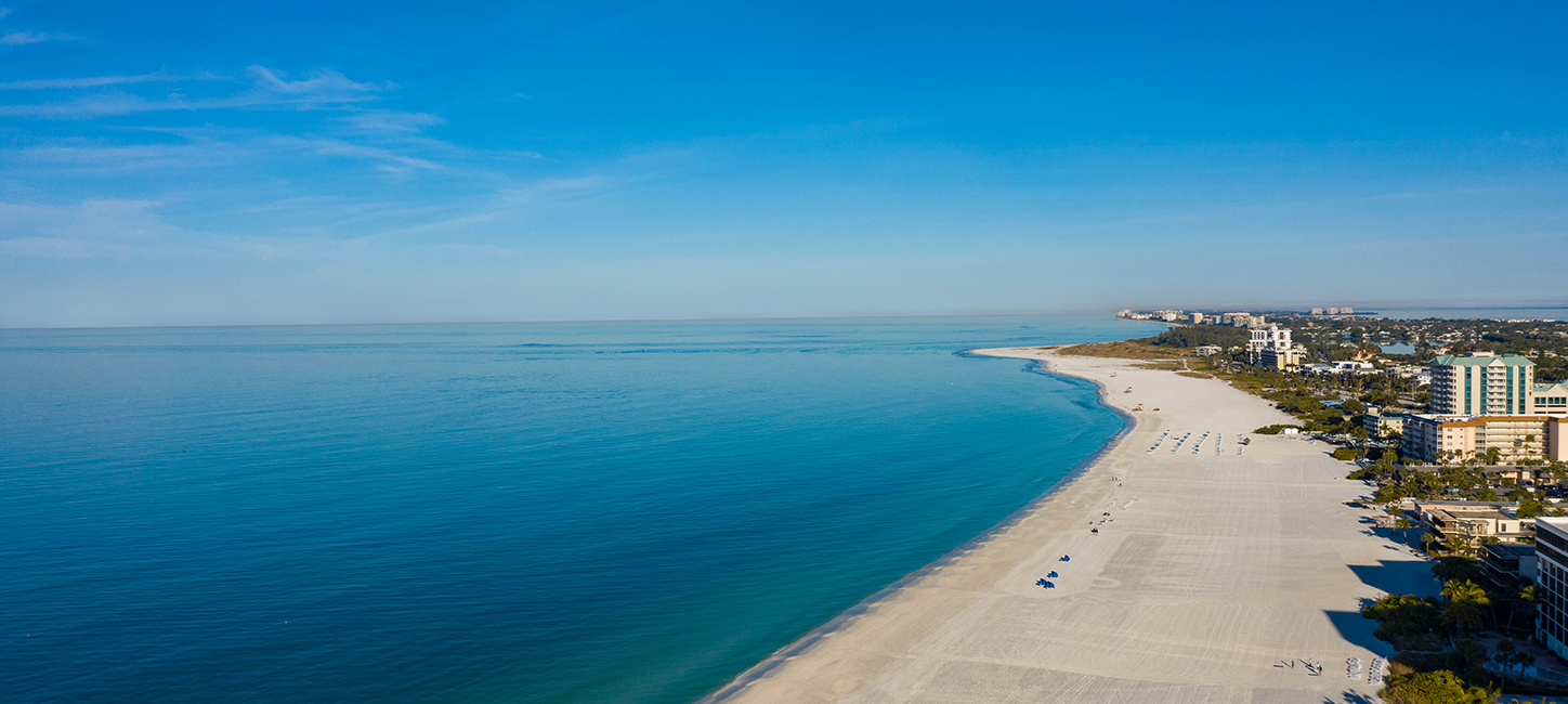 An aerial view of a beach and ocean.