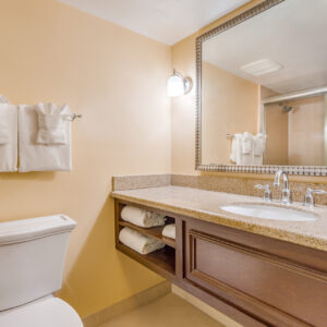 A clean bathroom with a toilet, a wooden vanity with a granite countertop, a sink, and a large mirror. towels are neatly arranged.