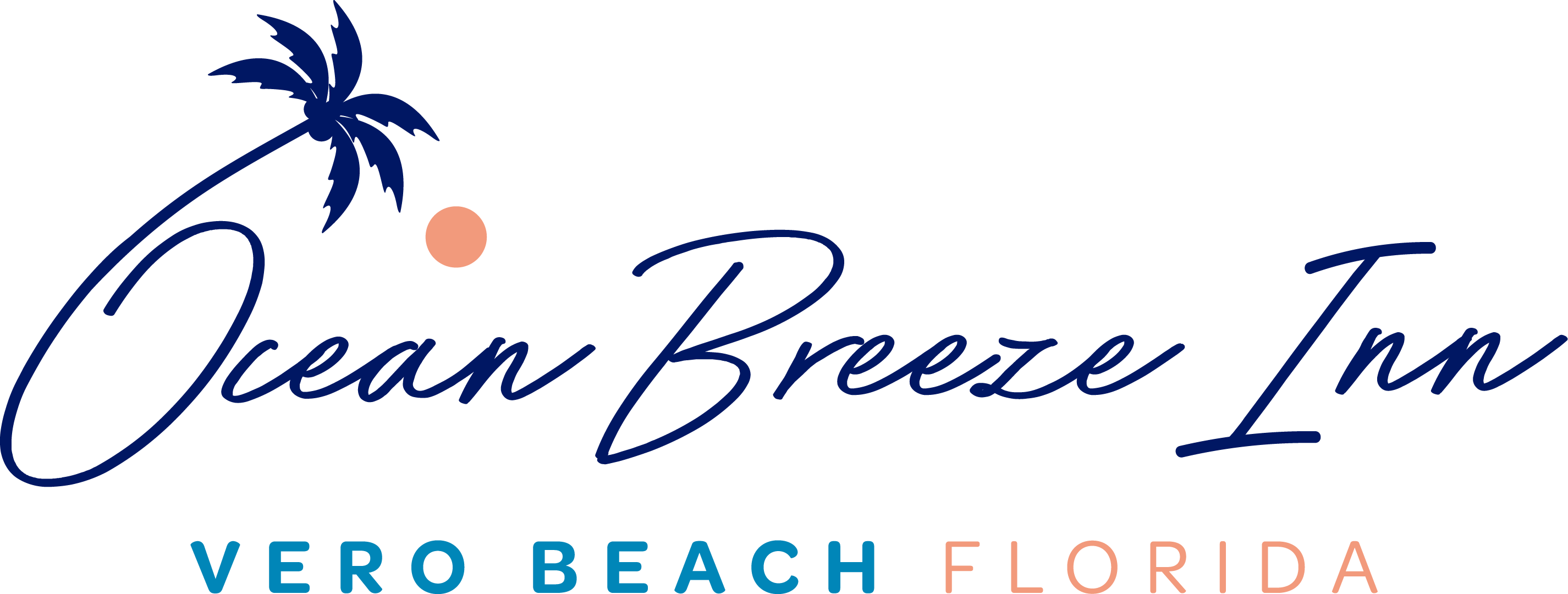 Logo of Ocean Breeze Inn with a blue palm tree and orange sun, featuring the text 